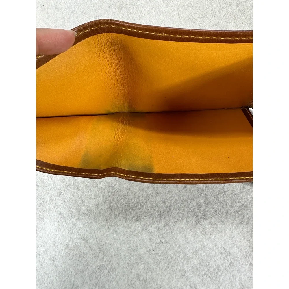Timberland Mens Brown Pebbled Leather Bifold Wallet Yellow Stitch Snap Closure